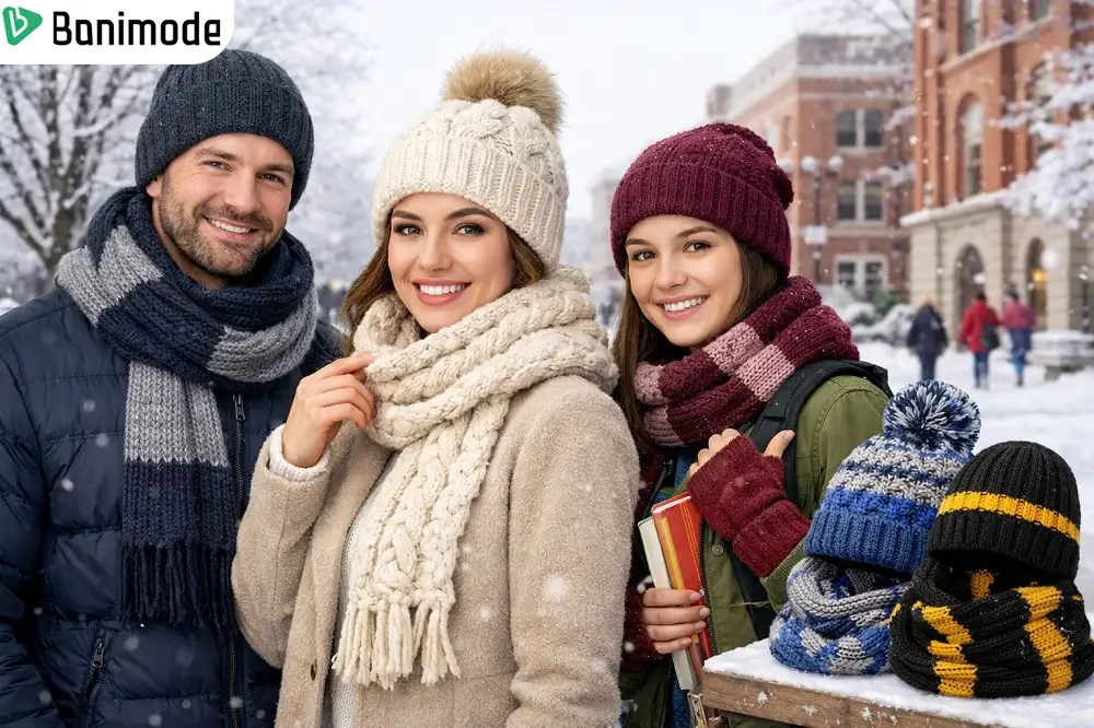 دو زن و یک مرد که ست شال و کلاه زمستانه پوشیدند