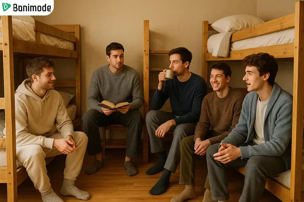 تعدادی پسر با لباس خانگی زمستانی در خوابگاه