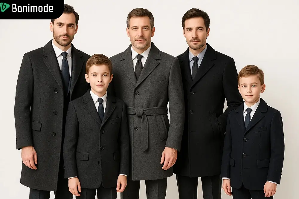 تصویر خانوادگی از پدربزرگ، پدر و پسر با پالتو مجلسی مردانه