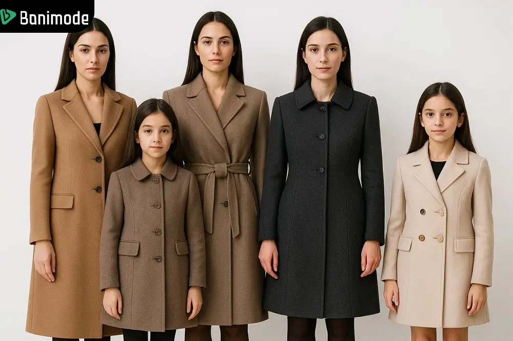 تصویری از تعدادی مادر و دختر با پالتو مجلسیهای مختلف د ر رنگهای متنوع