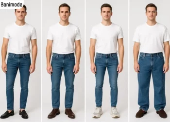 مدل‌های مختلف شلوار جین مردانه (اسلیم‌فیت، راسته، اسکینی، بگ) که با کفش‌های لوفر، آکسفورد، کتانی لژدار بزرگ و کفش کالج ست شده‌اند