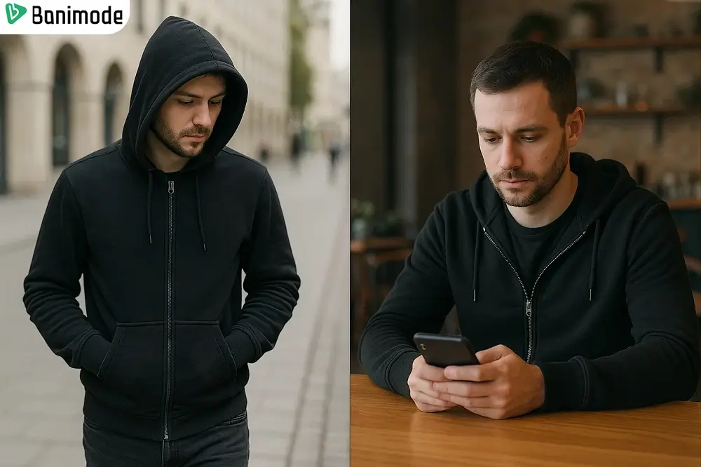 تصویر یک مرد با هودی و استایل خیابانی و مرد دیگر با سویشرت نیم زیپ