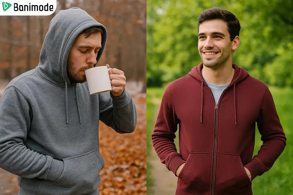 تصویر یک مرد با هودی در هوای پاییزی و مرد دیگر با سویشرت در هوای بهاری