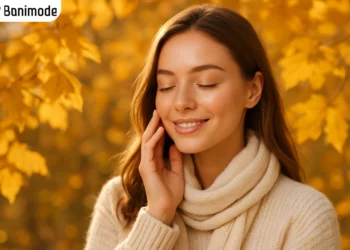 یک دختر با موهای باز و پوست صاف در هوای پاییزی