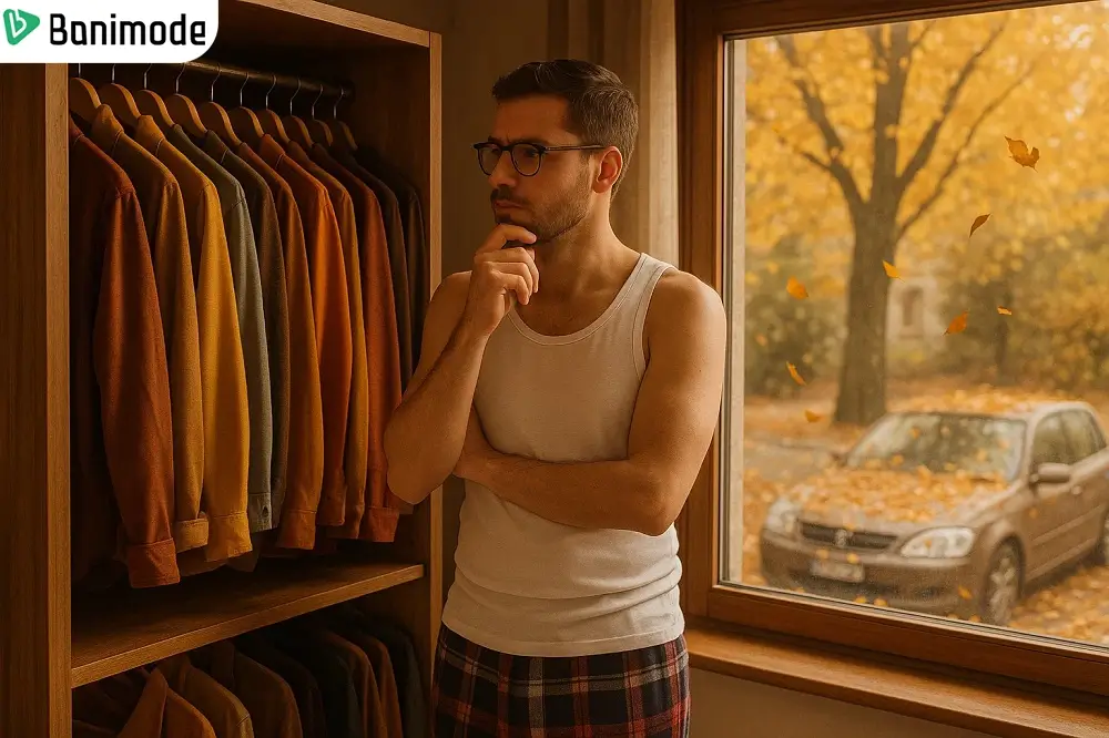 مردی درحال فکر کردن به اینکه در پاییز چه رنگ لباسی بپوشم