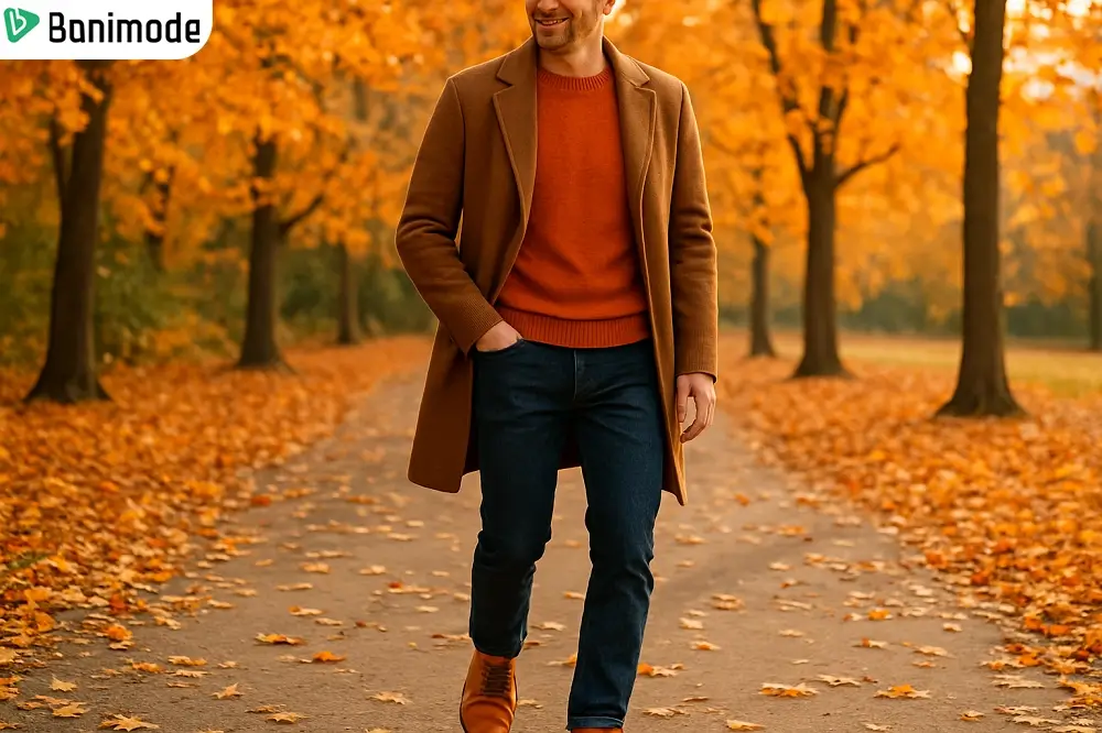 استایل پاییزی مردانه با رنگ نارنجی تیره