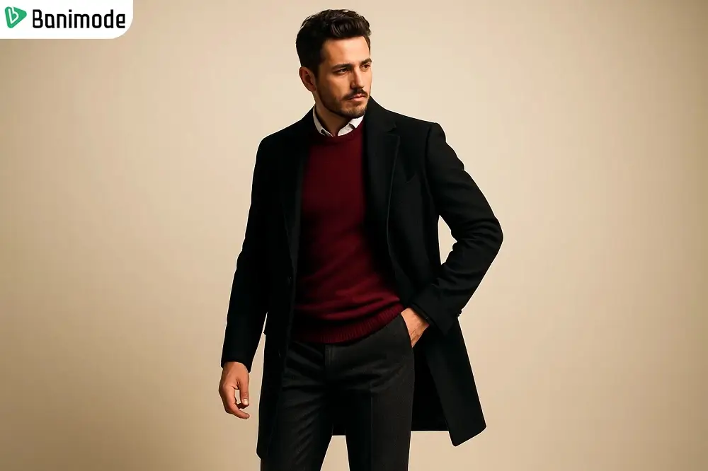 استایل مردانه با کت مشکی و بافت قرمز تیره