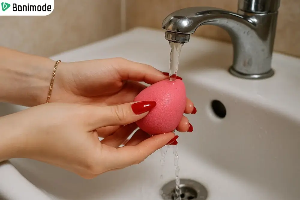 خانومی در حال شستن پد آرایشی زیر شیر آب