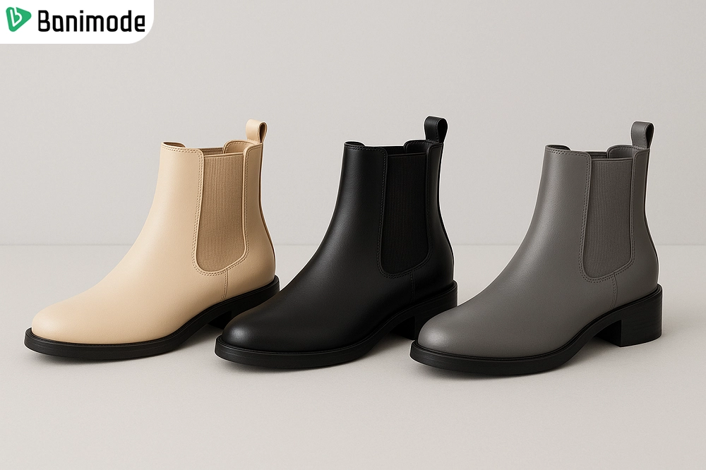 نیم بوت چلسی زنانه در رنگ‌های مشکی، طوسی و کرم