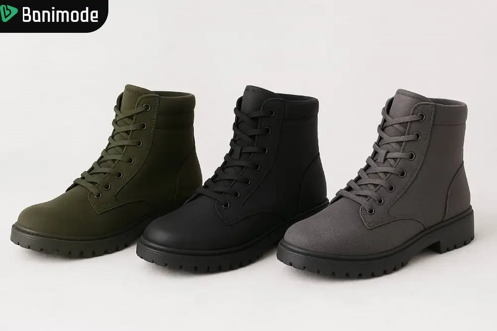 بوت کلاب یا بوت نظامی زنانه در رنگ‌های طوسی، مشکی و سبز تیره