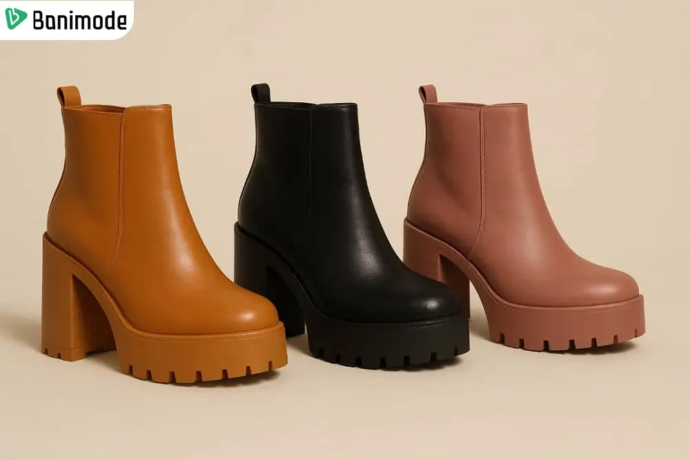 بوت با پاشنه پهن یا لژدار زنانه در رنگ‌های آجری، گلبهی و مشکی