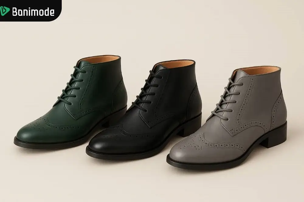 نیم بوت آکسفورد زنانه در رنگ‌های طوسی، مشکی و سبز تیره