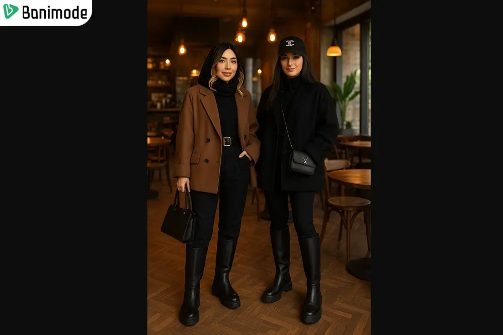 تصویر دو زن با پالتو کوتاه و بوت بلند