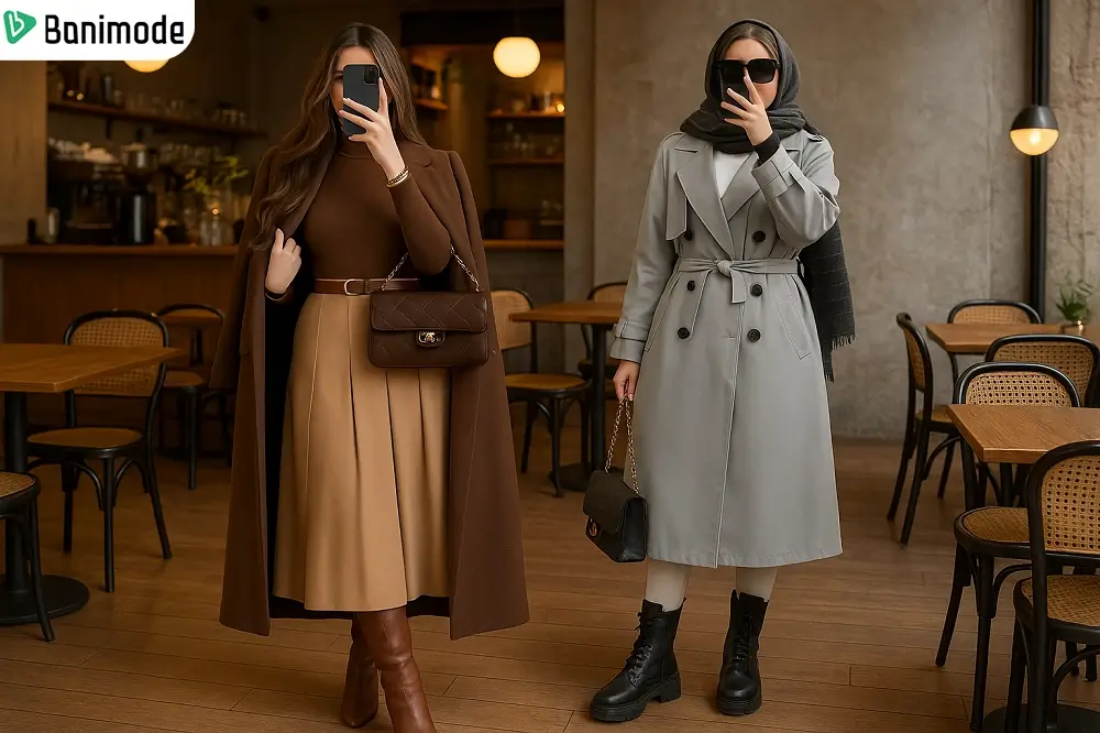 تصویری از دو زن که پالتو بلند با نیم بوت پوشیدند