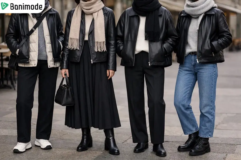 انواع استایل زنانه با کاپشن چرم مشکی