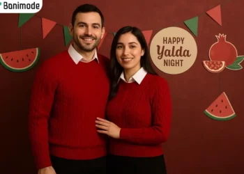 ست لباس زن و شوهری شب یلدا ترکیب بافت قرمز و شومیز سفید