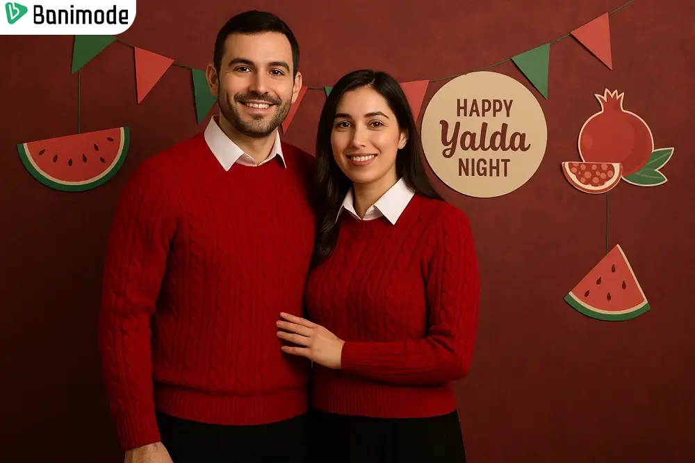 ست لباس زن و شوهری شب یلدا ترکیب بافت قرمز و شومیز سفید