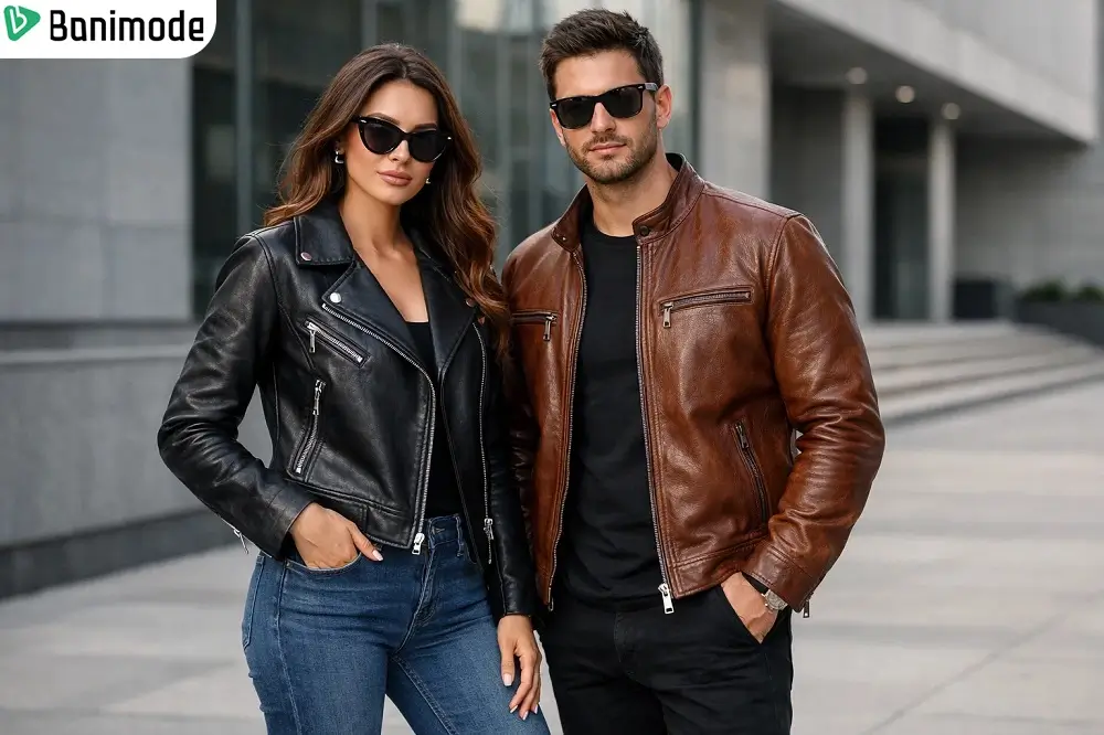 تصویری از یک زن و مرد که با کت چرم یک استایل شیک ساختند