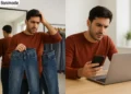 تصویری از دو مرد در حین خرید آنلاین و حضوری شلوار جین