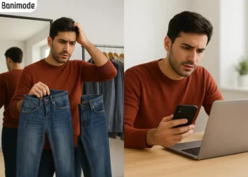 تصویری از دو مرد در حین خرید آنلاین و حضوری شلوار جین