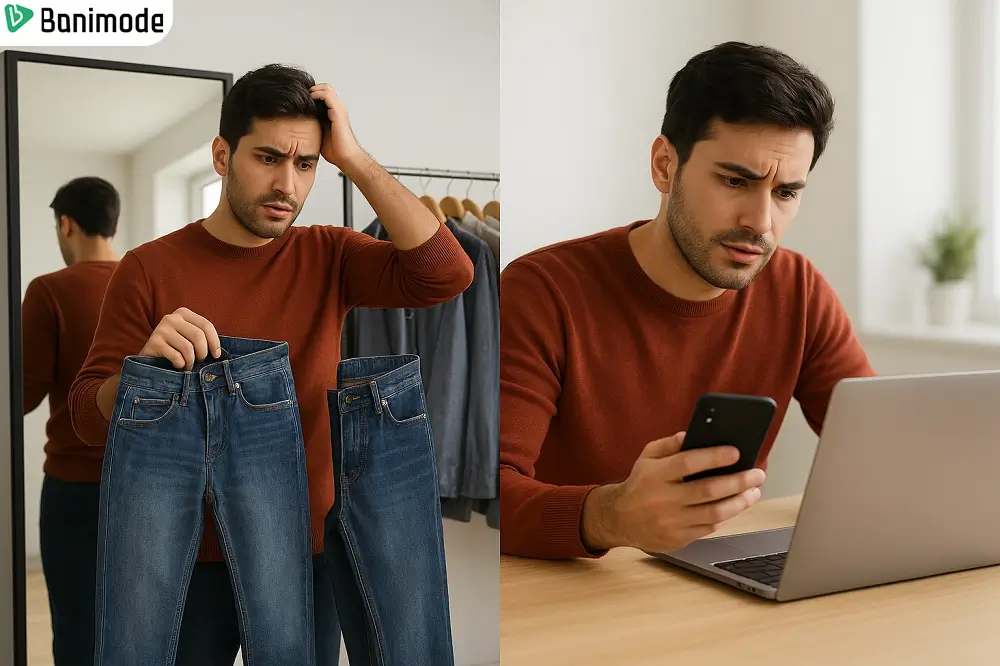 تصویری از دو مرد در حین خرید آنلاین و حضوری شلوار جین