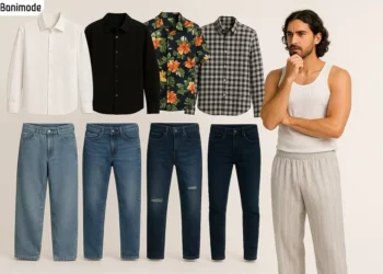 مردی در حال تفکر با شلوار خانگی راه‌راه و تاپ سفید، ایستاده در مقابل چند پیراهن مردانه و شلوار جین‌ در مدل‌ها و رنگ‌های مختلف