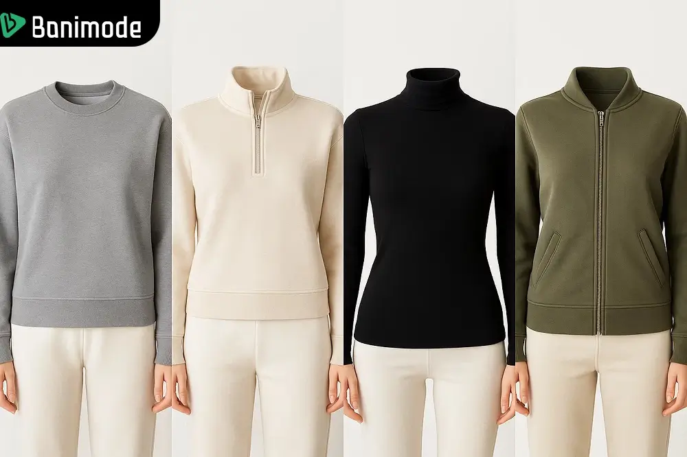 انواع سویشرت بدون کلاه زنانه در رنگهای طوسی، مشکی، کرم و زیتونی