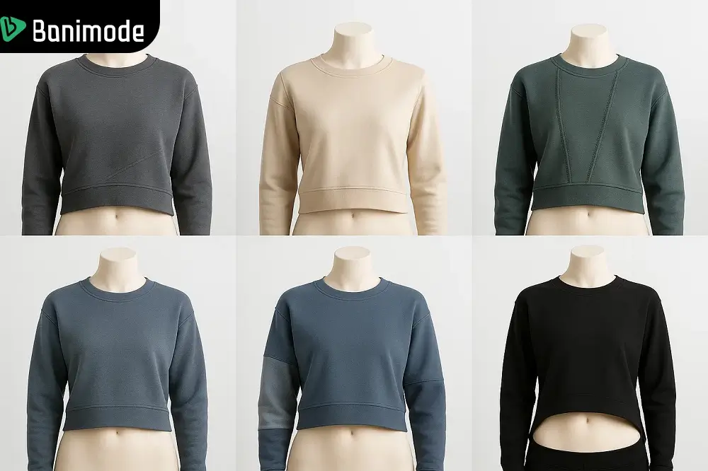 انواع سویشرتهای کراپ تاپ زنانه در رنگ های سبز، طوسی، مشکی و....
