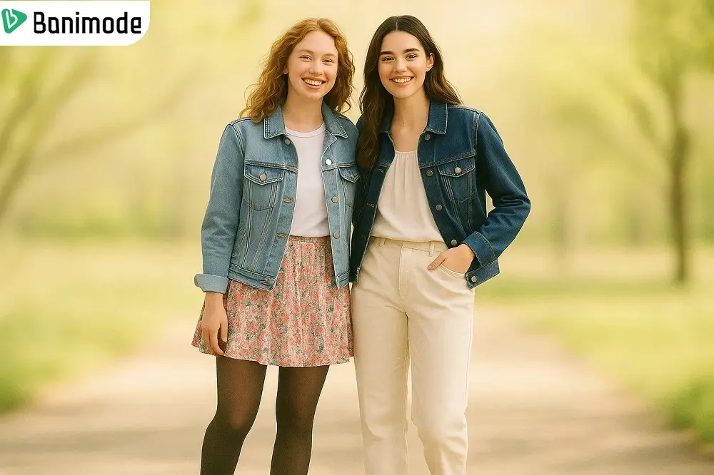 تصویر یک دوختر با کت جین و دامن گلدار به همراه دوستش که کت جین با شلوار پارچه‌ای پوشیده