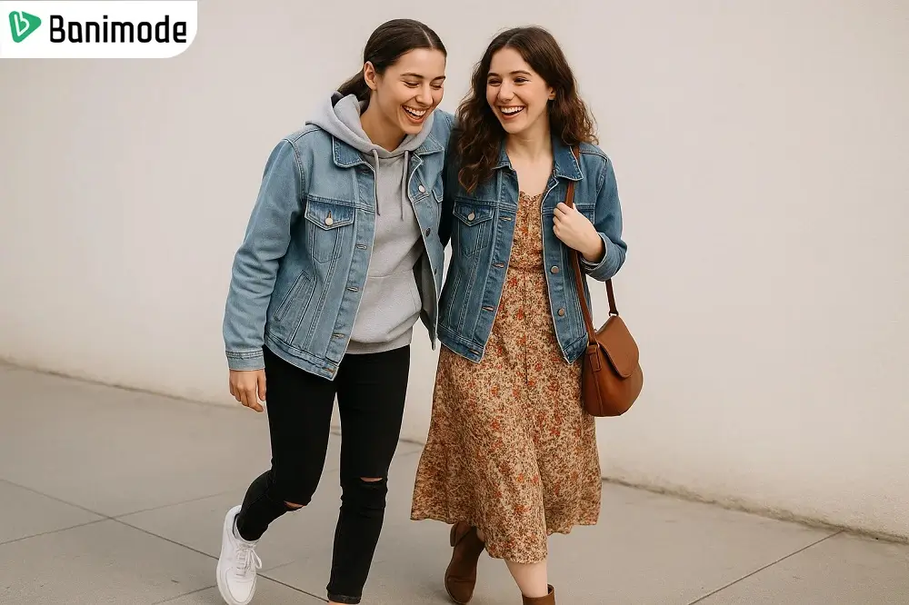 تصویر دو دختر که کت جین با هودی و پیراهن بلند طرح‌دار پوشیدند