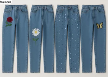 شلوار جین های طرح دار شده به روش گلدوزی، مروارید دوزی و نقاشی