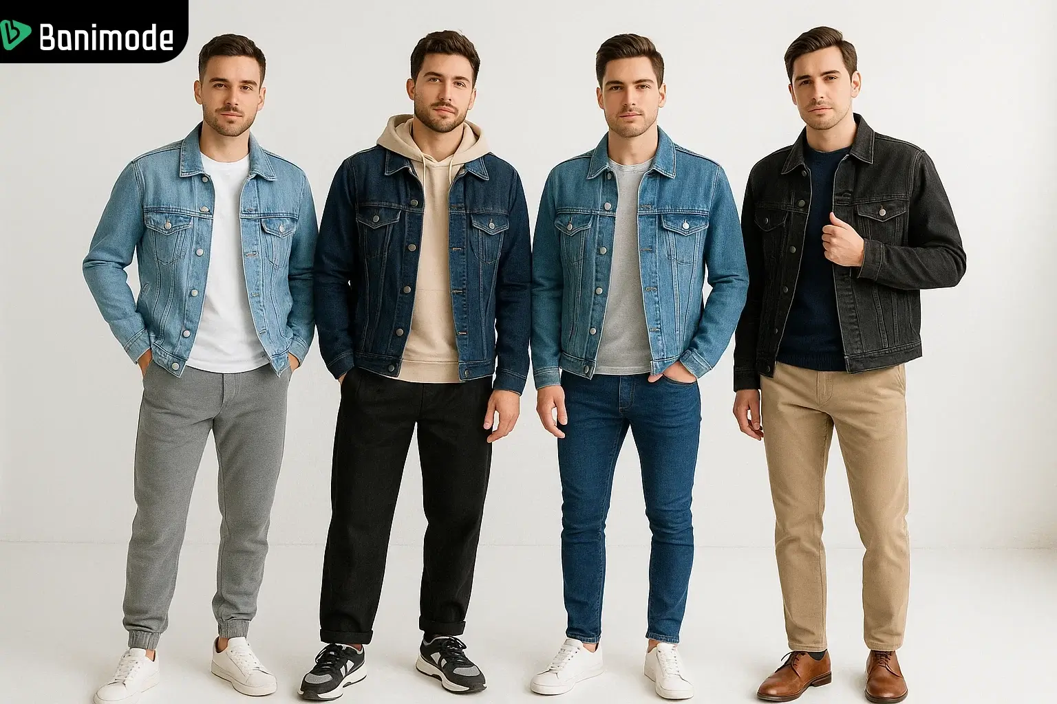 تصوییر 4 مرد با کت جین و شلوارهای جاگر، اسکینی، نیم بگ و...