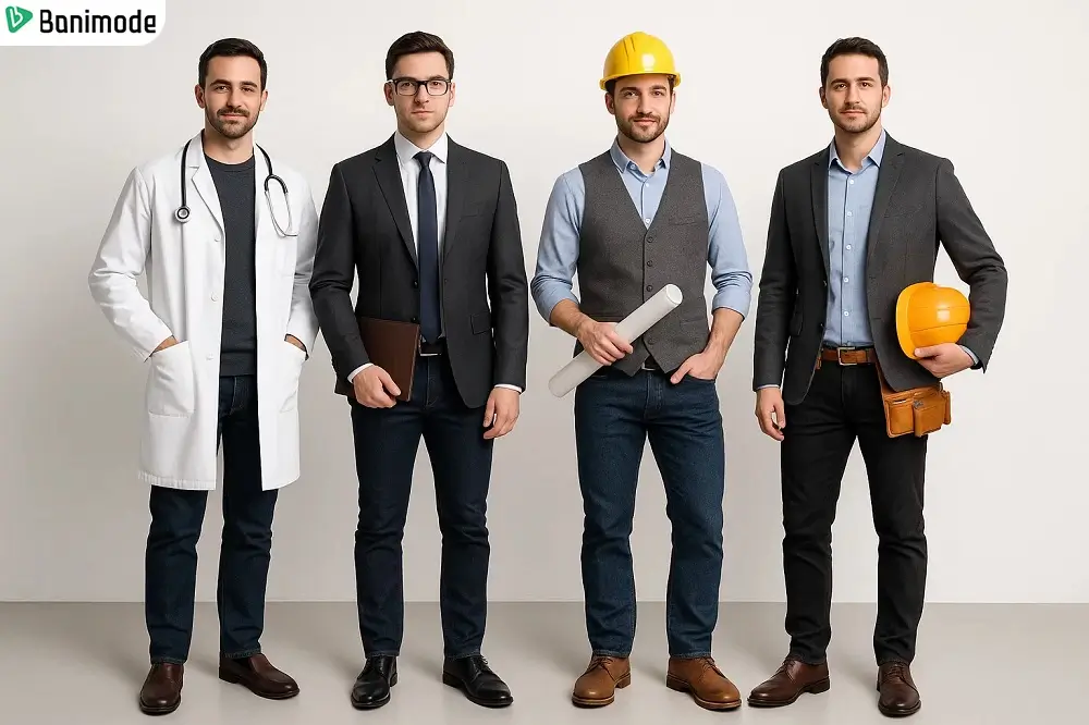 چهار استایل مردانه با شلوار جین در محیط کار برای دکتر، وکیل، معمار و مهندس
