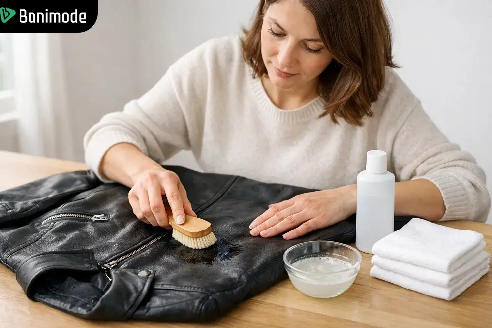 زنی در حال تمیز کردن کت چرم با برس