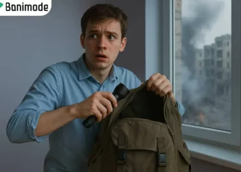 پسری که از جنگ می ترسد و در حال قراردادن وسایل اضطراری در کوله فرار است