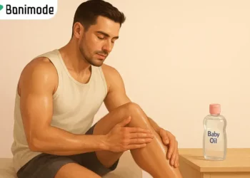 تصویر مردی که روغن بچه را به پوست خود می‌مالد.