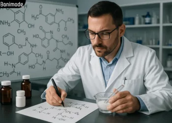 داروساز درحال نوشتن فرمول و مخلوط کردن مواد