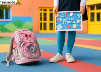 تابلو برگشت به مدرسه در کنار کوله پشتی صورتی رنگ در حیاط مدرسه