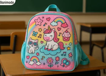 کوله پشتی مدرسه دخترانه رنگ صورتی و آبی با طرح یونیکورن و رنگین کمان بر روی نمیکت کلاس