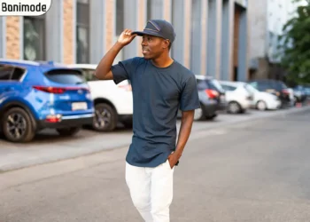 مرد با تیشرت لانگ آبی تیره رنگ و شلوار سفید با کلاه کپ در خیابان