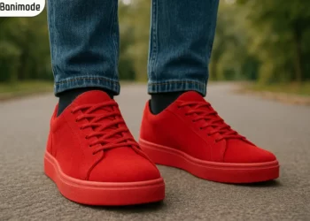 کفش قرمز مردانه قرمز رنگ با شلوار جین آبی تیره رنگ پوشیده شده