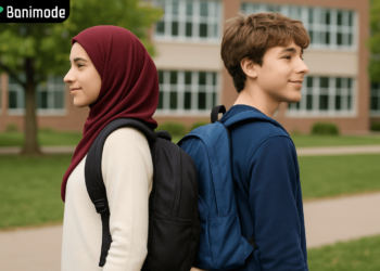 دو دانش آموز دختر و پسر کوله پشتی بر پشت دارند.