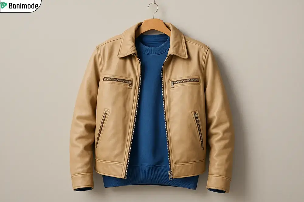 استایل سویشرت(دورس) آبی رنگ با کت چرمی بژ-عکس توسط هوش مصنوعی تولید شده است.