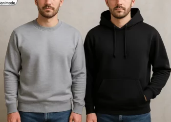 تفاوت هودی و دورس دو مرد جوان که یکی هودی مشکی پوشیده و دیگری دورس طوسی رنگ-تصویر ساخته شده با AI