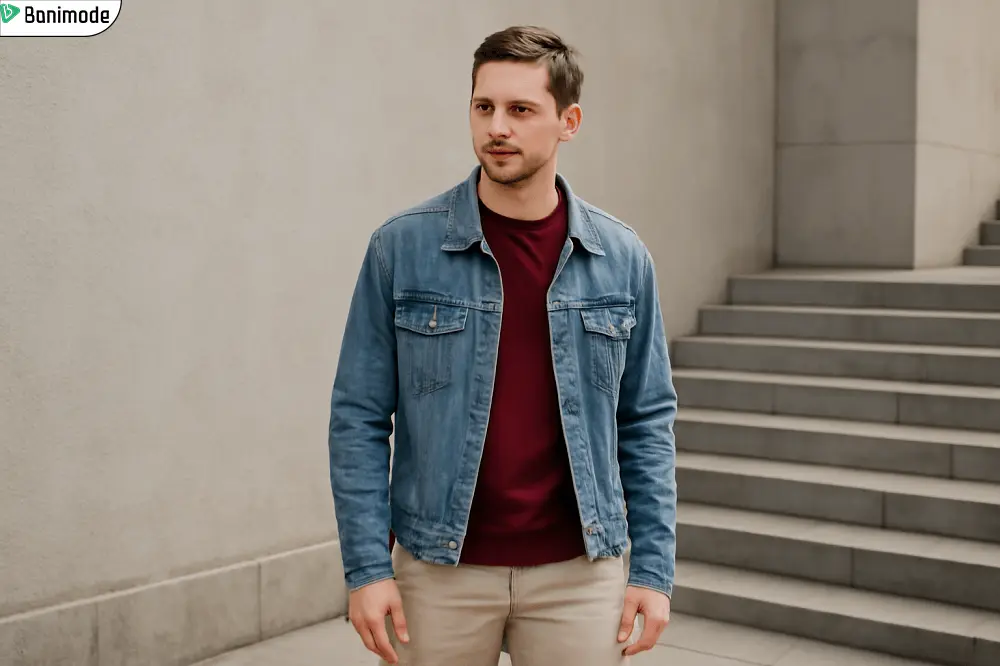 استایل دورس (سویشرت) مردانه زرشکی با کت جین- تصویر تولید شده با هوش مصنوعی