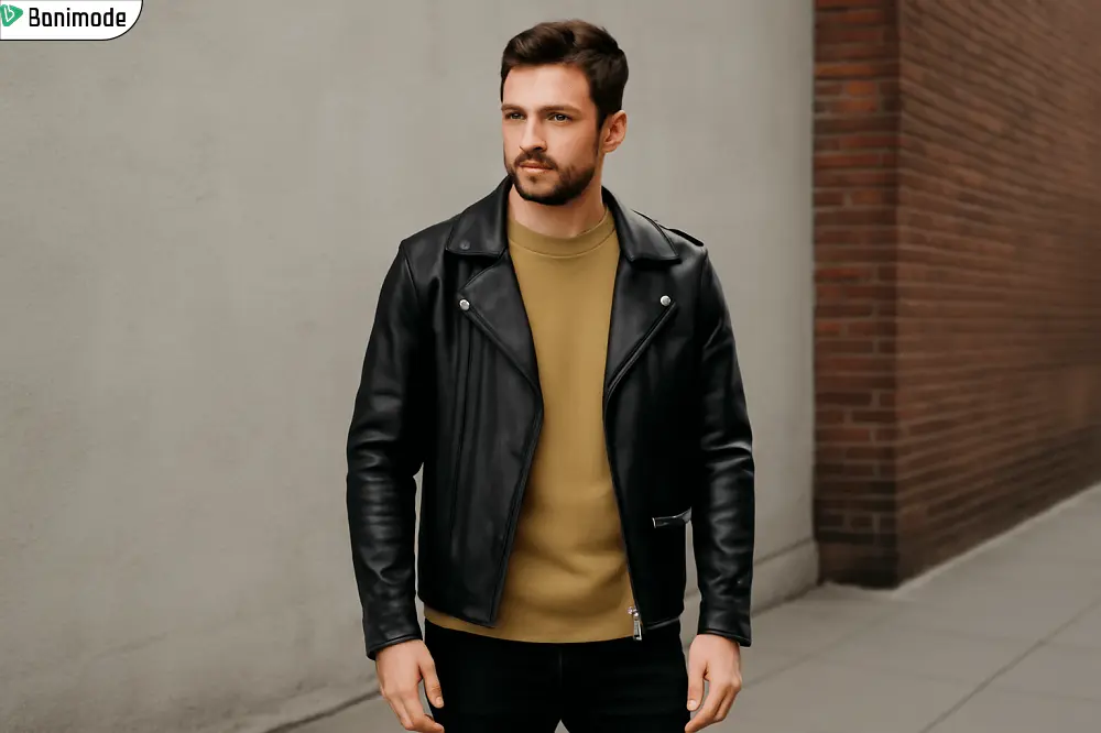 استایل دورس (سویشرت) خاکی با کت چرم مشکی مردانه- تصویر تولید شده با هوش مصنوعی