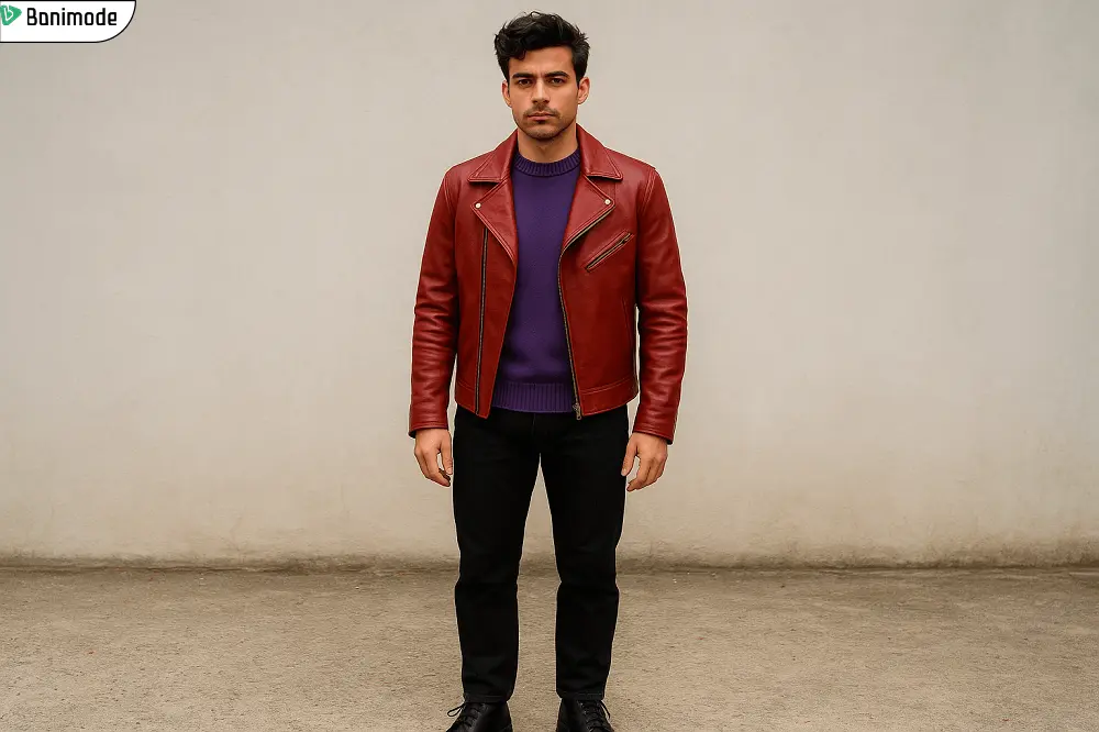 مردی که سویشرت بنفش با کت چرم زرشکی پوشیده است-تصویر توسط هوش مصنوعی تولید شده است.