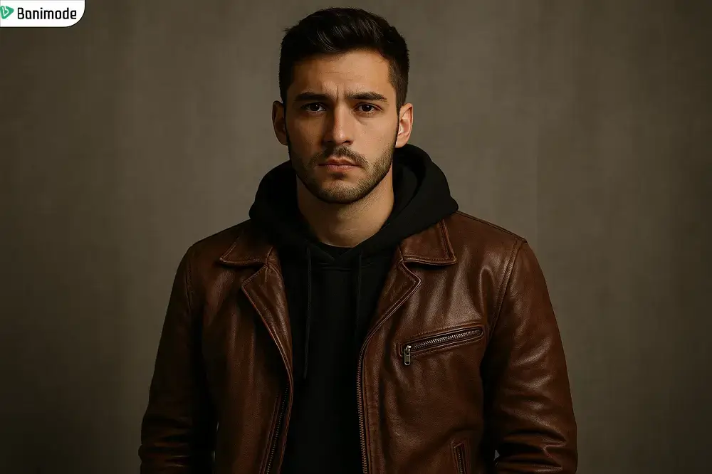 تصویر مرد جوانی که سویشرت(دورس) مشکی رنگ با کت چرمی قهوه ای پوشیده است.