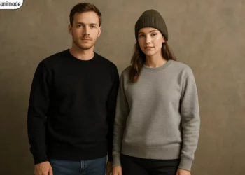 زن و مردی که درکنار هم ایستاده اند و بلوز دورس طوسی و مشکی پوشیده اند.