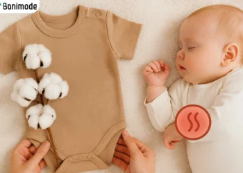 تصویر یک نوزادی با یک لباس در کنارش و پنبه طبیعی